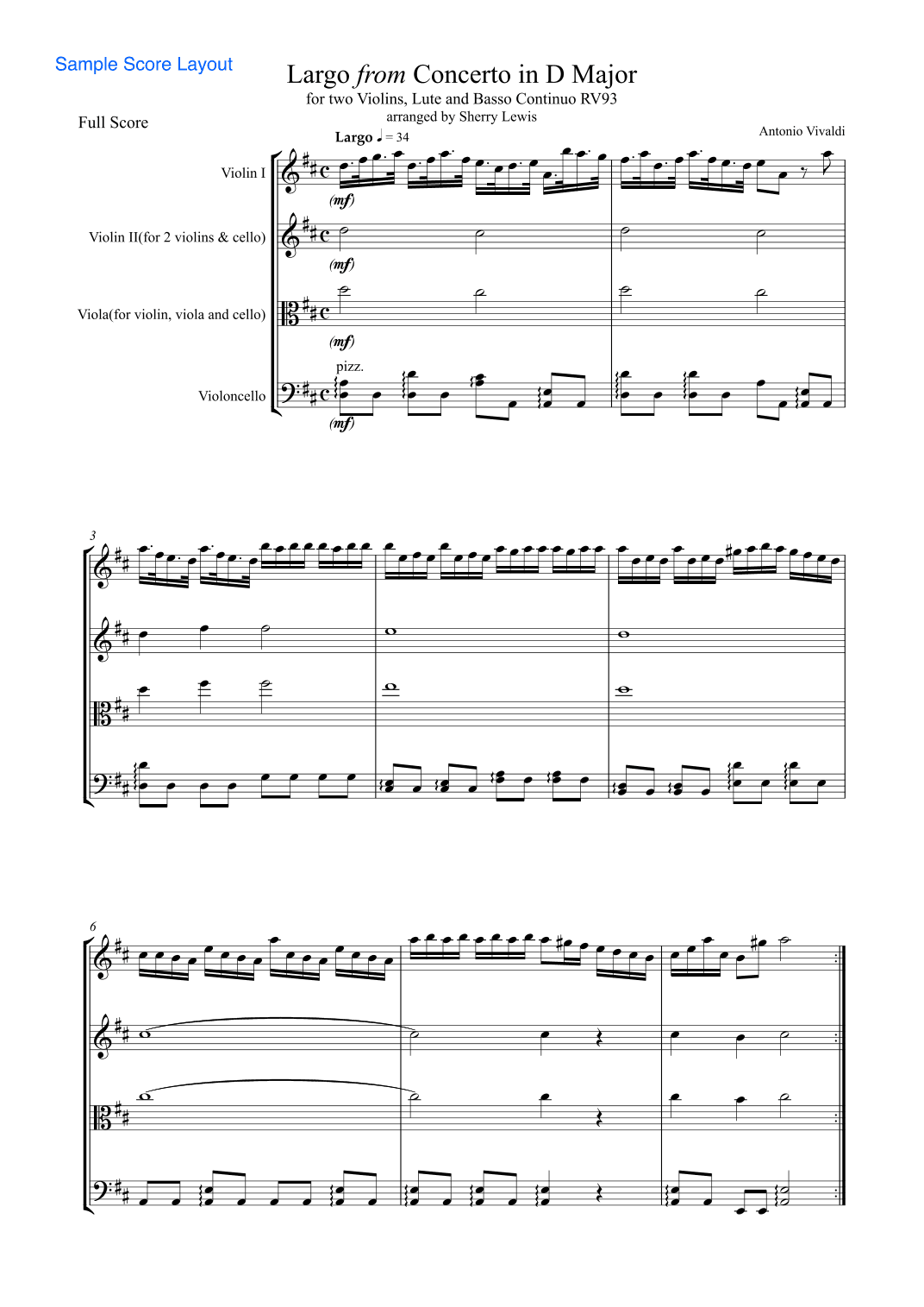 LARGO from Concerto in D for 2 Violins and Lute, RV93, String Trio, Intermediate Level for 2 violins (arr. Sherry Lewis Publishing)