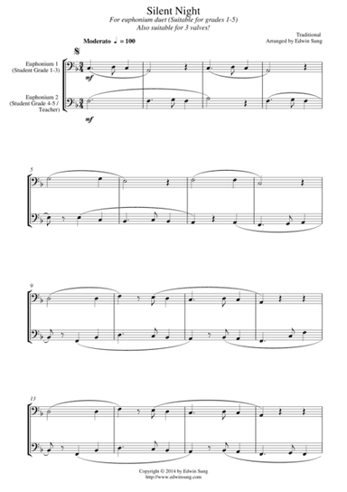 Silent Night (for euphonium duet (bass clef, 3 or 4 valved), suitable for grades 1-5) (arr. Edwin Sung)