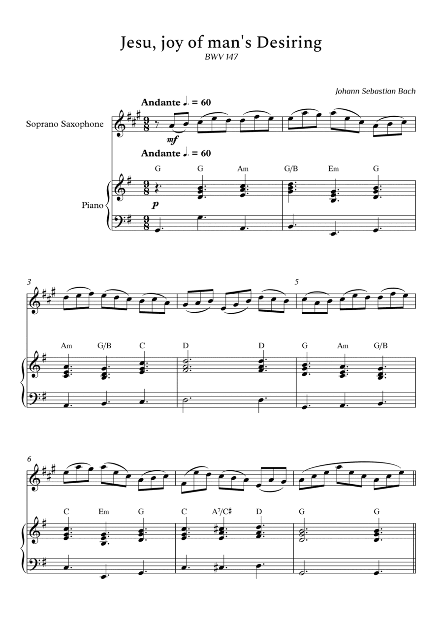 Jesu, joy of man's Desiring for Soprano Sax and Piano (With Chords) - Score and Parts (arr. Cassio Silva)