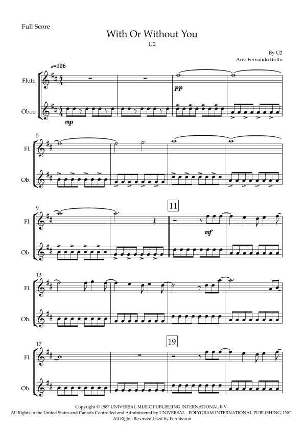 With Or Without You (arr. Fabio Britto)