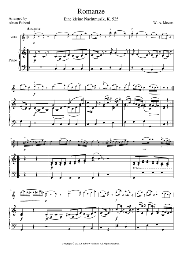 Romanze from Eine kleine Nachtmusik K. 525 for Violin and Piano (arr. Ahsan Fathoni)