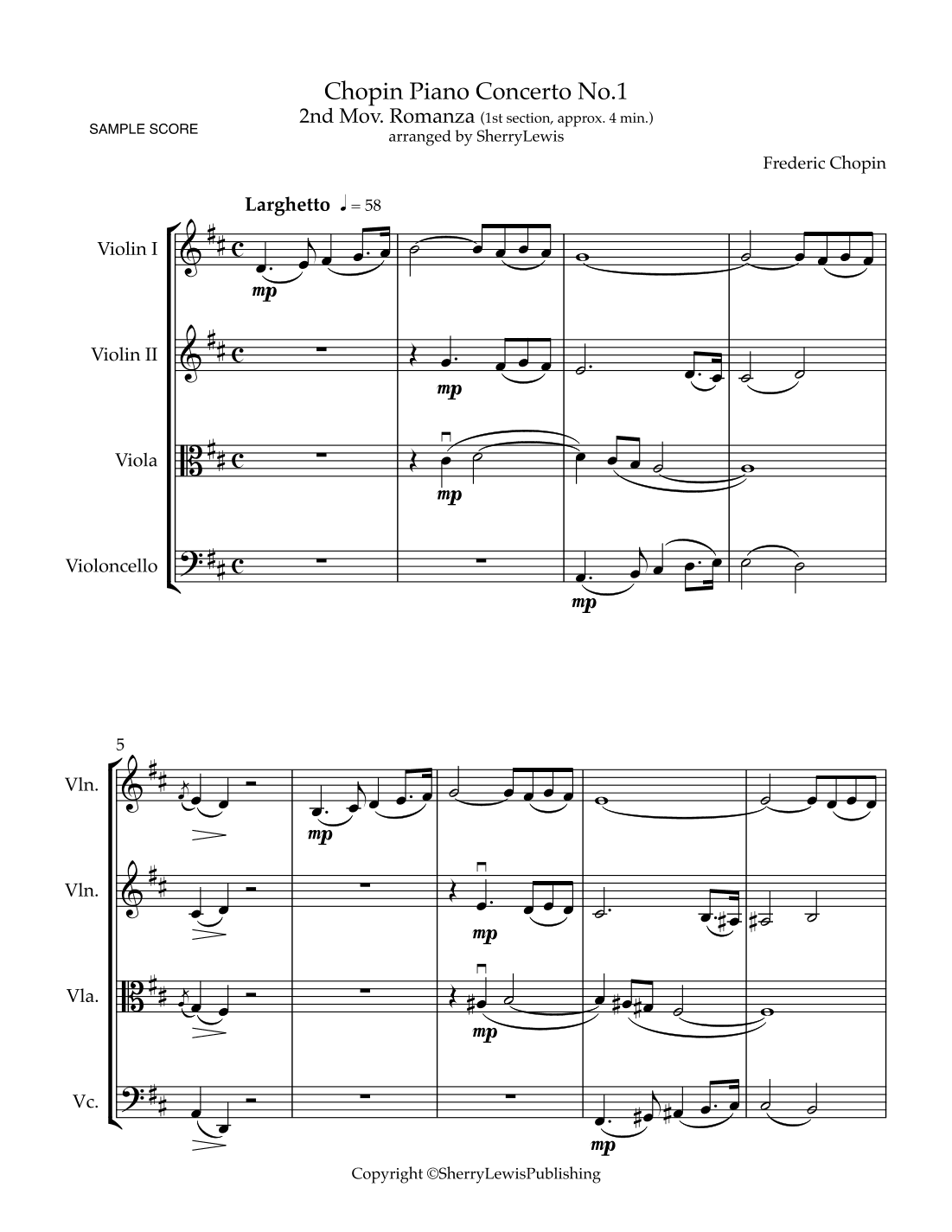 Chopin Piano Concerto No. 1, 2nd Movement - Romanza-, first theme for String Quartet (arr. Sherry Lewis)