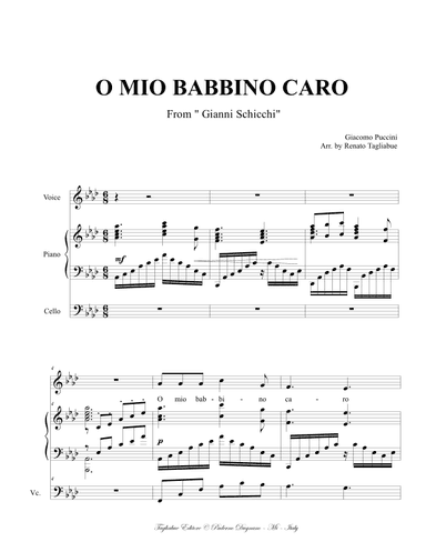 O MIO BABBINO CARO - Puccini - Arr. for Tenor, Piano and (ad libitum) Cello - With Cello part (arr. Renato Tagliabue)