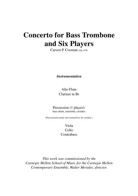 Carson Cooman: Concerto for Bass Trombone and Six Players (2006), score and parts