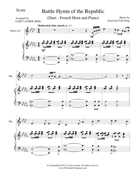 BATTLE HYMN OF THE REPUBLIC (Duet – French Horn and Piano/Score and Parts) (arr. Gary Lanier)