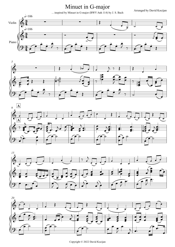 Minuet in G-major - EASY (violin & piano) (arr. David Kocijan)
