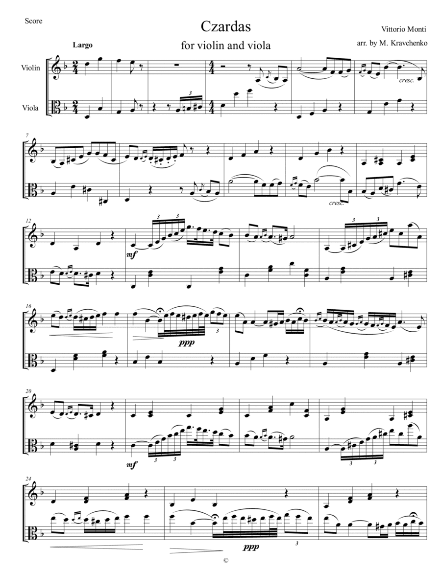 Vittorio Monti - Czardas arr. for violin and viola (score and parts) (arr. Maksym Kravchenko)