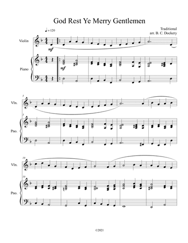 God Rest Ye Merry Gentlemen (Violin Solo) with optional piano accompaniment (arr. B. C. Dockery)