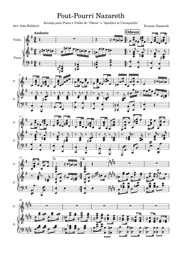 "Odeon" & "Apanhei-te, Cavaquinho", for guitar and piano duo. (arr. João Balducci)