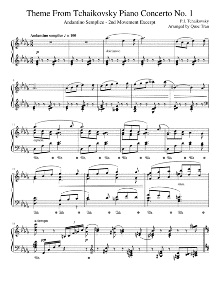 Theme from Tchaikovsky Piano Concerto No. 1 - Andantino Semplice - 2nd Movement Excerpt (arr. Quoc Tran)