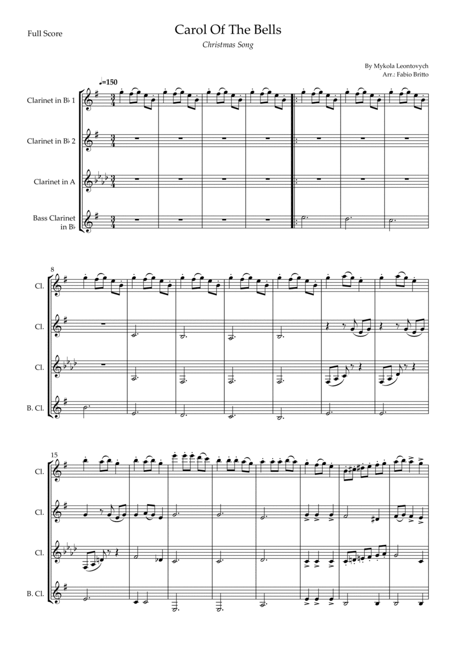 Carol Of The Bells (Christmas Song) for Clarinet Quartet (D Minor) (arr. Fabio Britto)