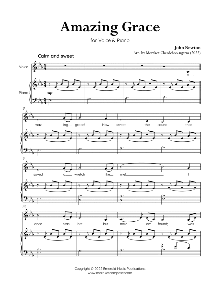 Amazing Grace for Voice & Piano (E-flat) Low Voice (arr. Morakot Cherdchoo-ngarm)