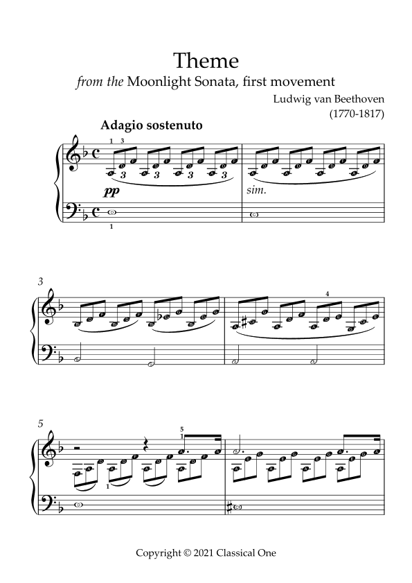 Beethoven - Moonlight Sonata Theme (mvt.1)(With Note name) (arr. MPS)