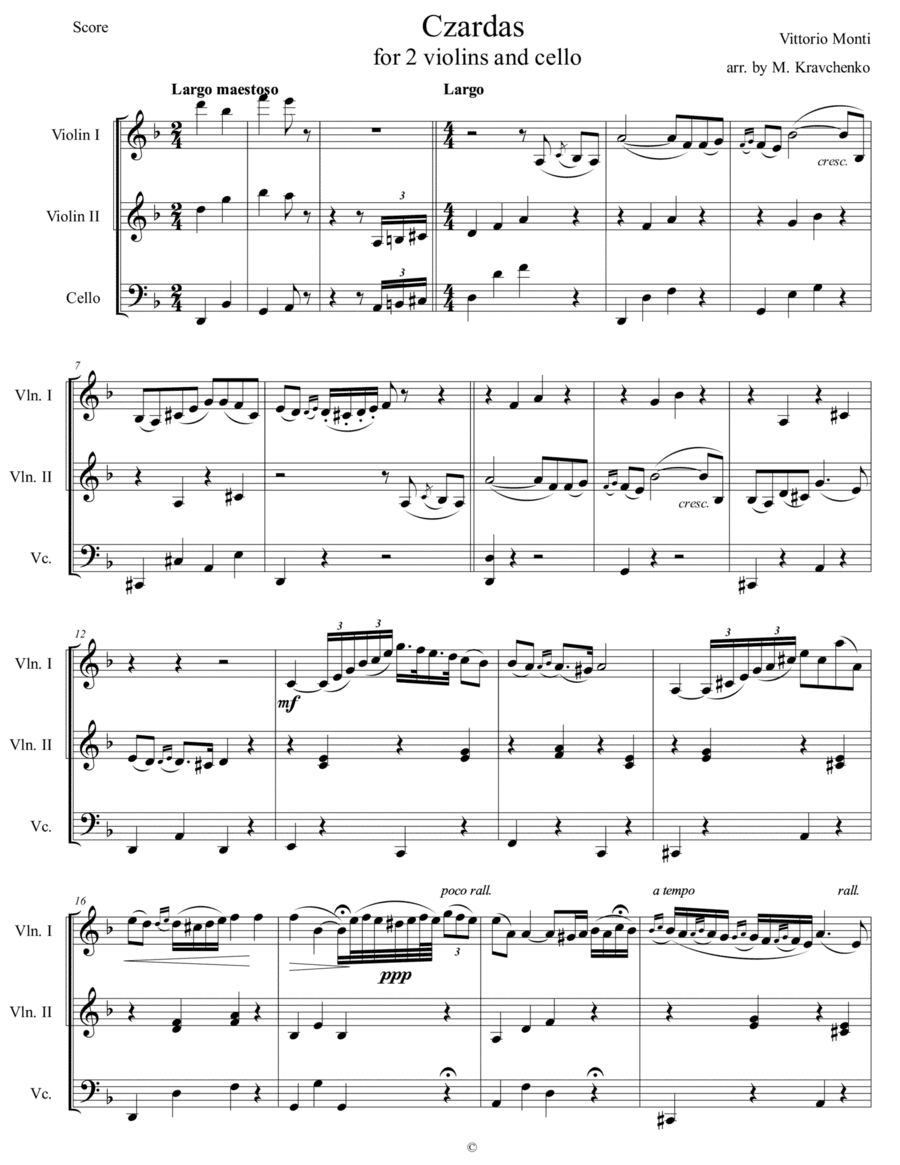 Vittorio Monti - Czardas arr. for 2 violins and cello (score and parts) (arr. Maksym Kravchenko)