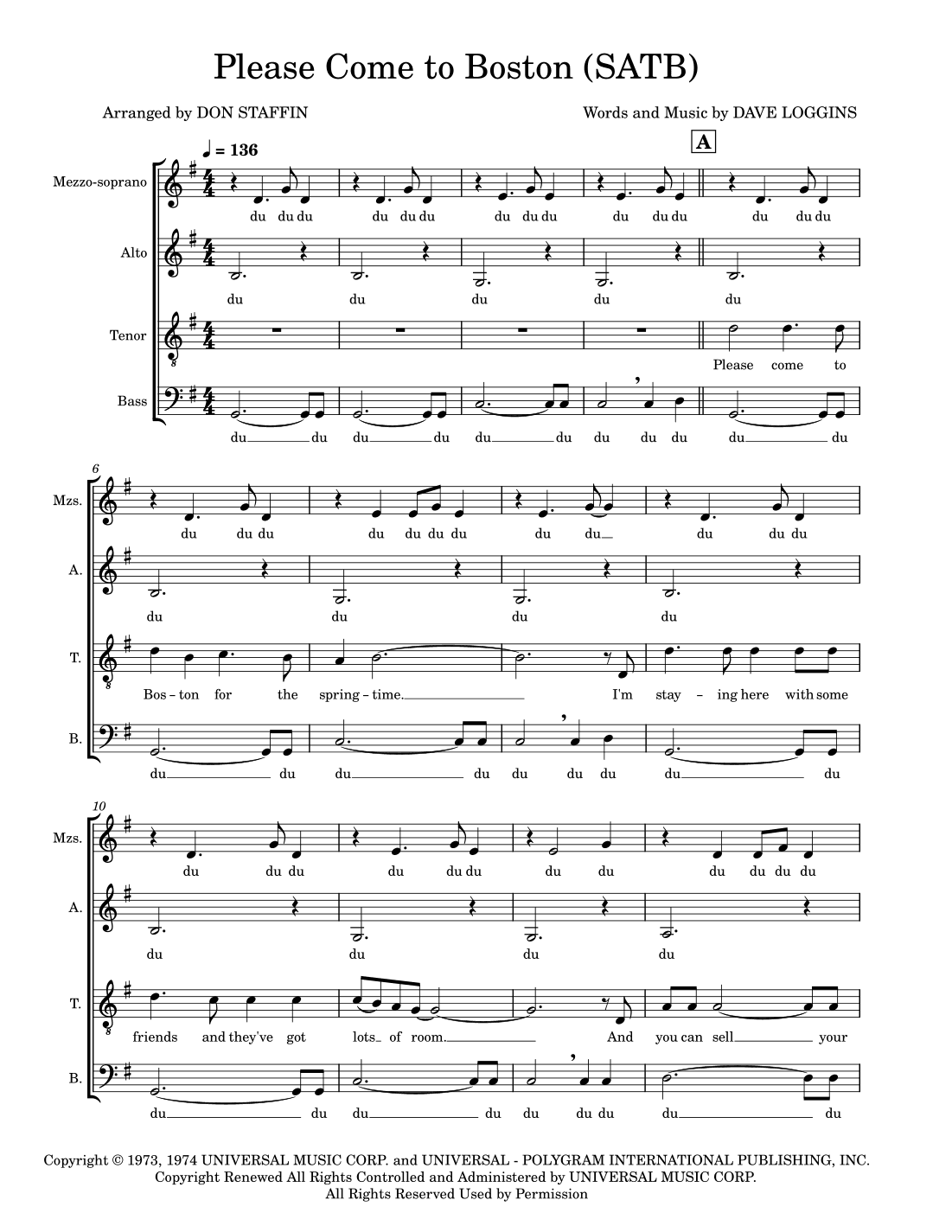 Please Come To Boston (arr. Don Staffin)