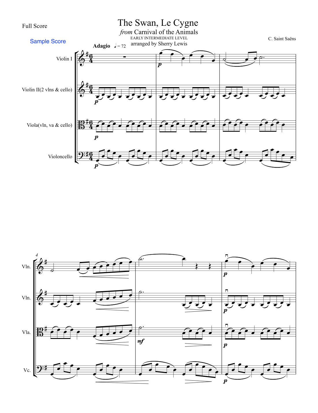The Swan, LE CYGNE for String Trio, Early Intermediate Level for 2 violins and cello or violin, viol (arr. Sherry Lewis Publishing)