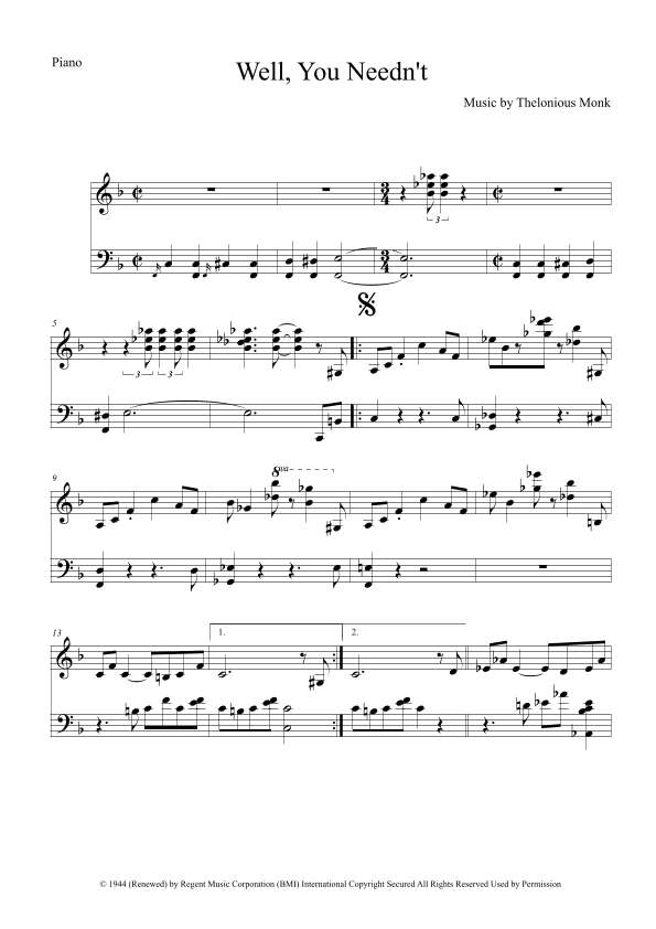 Well You Needn't (it's Over Now) (arr. The Sheet Music Library)