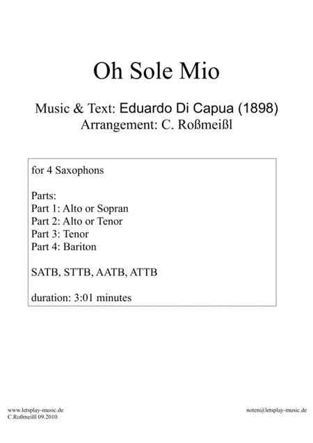 Oh Sole Mio for 4 Saxophones Saxophonquartet (arr. Christian Roßmeißl)