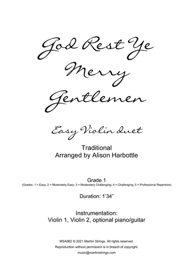 God Rest Ye Merry Gentlemen - easy violin duet (arr. Alison Harbottle)
