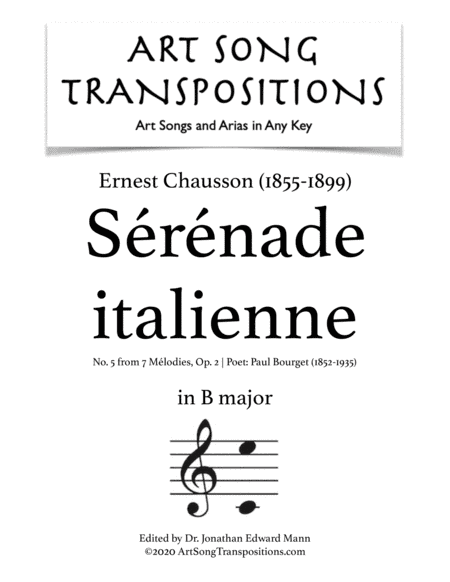 CHAUSSON: Sérénade italienne, Op. 2 no. 5 (transposed to B major) (arr. ArtSongTranspositions.com)