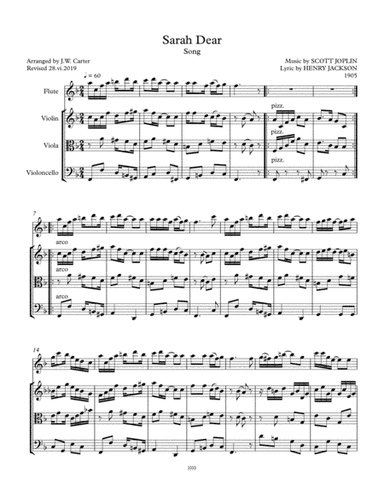 Sarah Dear (1905), by Scott Joplin, arranged for Flute & String Trio (arr. J.W. Carter)