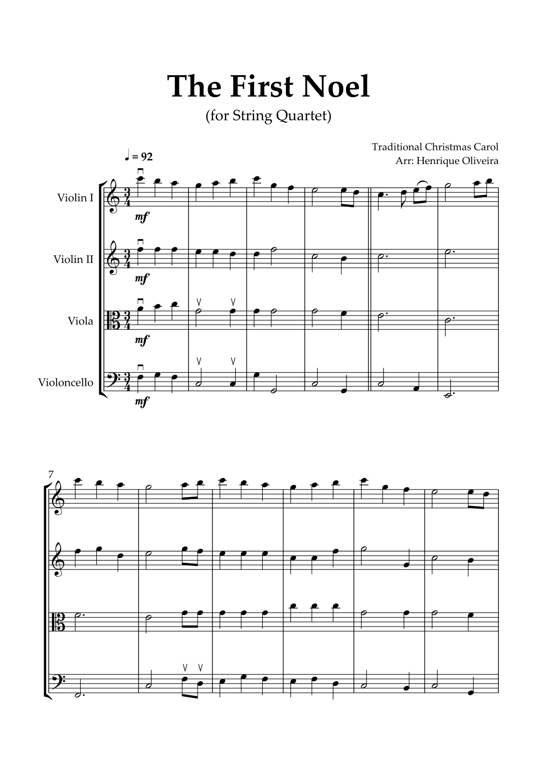 The First Noel (String Quartet) - Intermediate Level (arr. Henrique Oliveira)