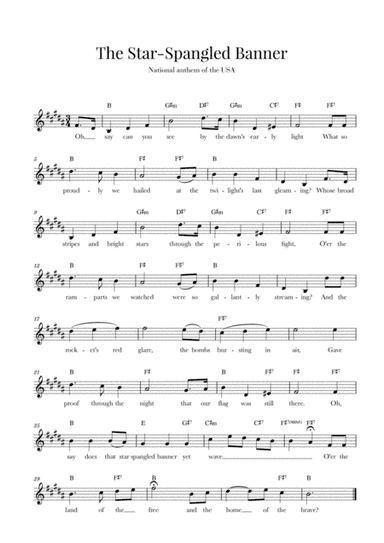 The Star Spangled Banner (National Anthem of the USA) - with lyrics - B Major (arr. Cadenza Editions)
