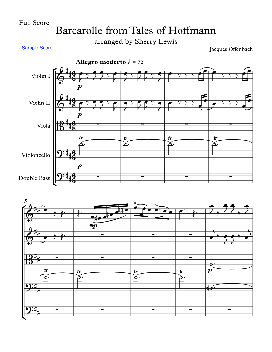 BARCAROLLE, Offenbach, String Orchestra, Intermediate Level for 2 violins, viola, cello and string b (arr. Sherry Lewis)