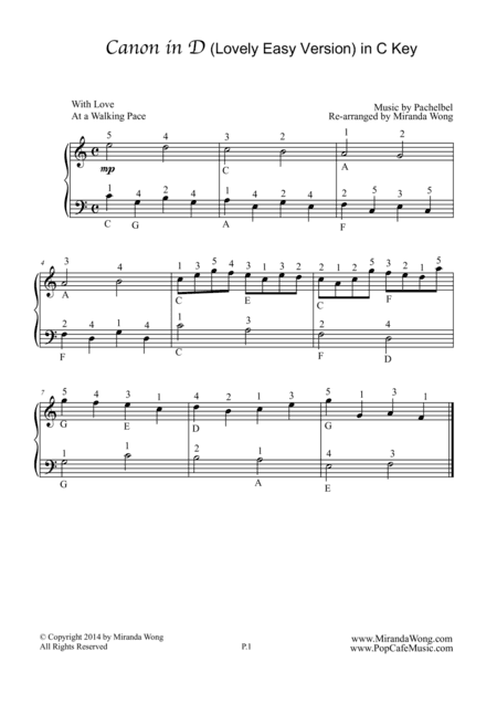 Canon in D - Piano Solo in C Key (Lovely Easy Version) (arr. Miranda Wong)