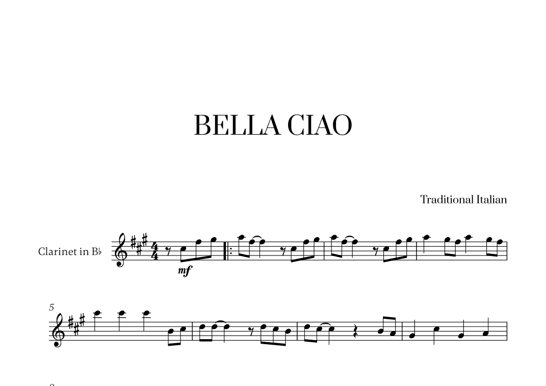 Bella Ciao for Clarinet in Bb Solo (arr. Cadenza Editions)