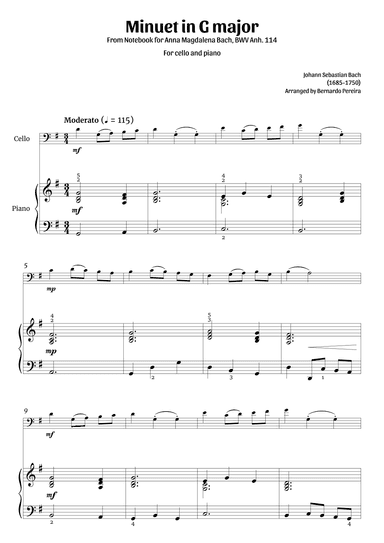 Minuet in G major (cello and piano – clean with fingering) (arr. Bernardo Pereira)