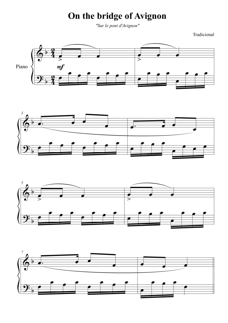 On the bridge of Avignon (Sur le pont d'Avignon) for piano solo (arr. Douglas Passoni de Oliveira)