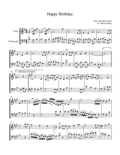Happy Birthday arr. for violin & cello duet (arr. Marion Maby)