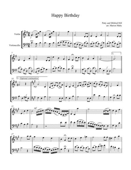 Happy Birthday arr. for violin & cello duet (arr. Marion Maby)