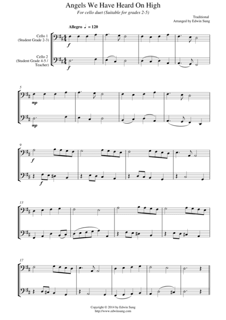Angels We Have Heard On High (for cello duet, suitable for grades 2-5) (arr. Edwin Sung)
