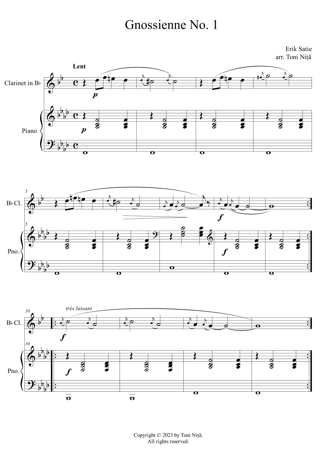 Erik Satie - Gnossienne No. 1 (for Clarinet in Bb & Piano) (arr. Toni Nita)