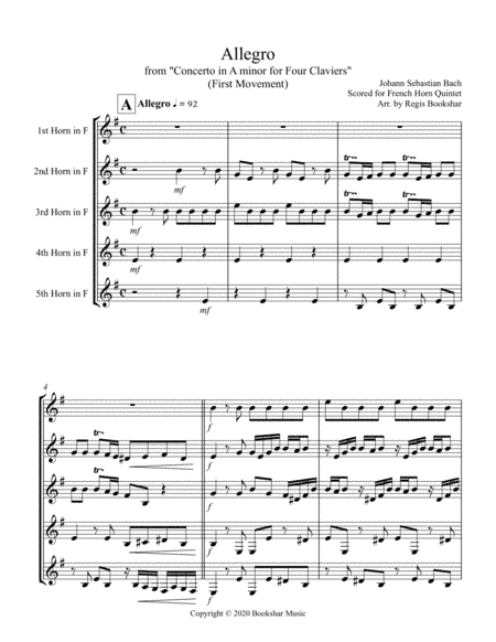 Allegro (from "Concerto for Four Claviers") (A min) (French Horn Quintet) (arr. Regis Bookshar)