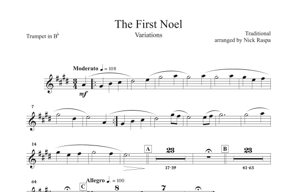 The First Noel (Variations for Full Orchestra) Trumpet in B Flat part (arr. Nick Raspa)