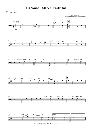 O Come, All Ye Faithful - Trombone Solo with Chords (arr. P.H. Damasceno)