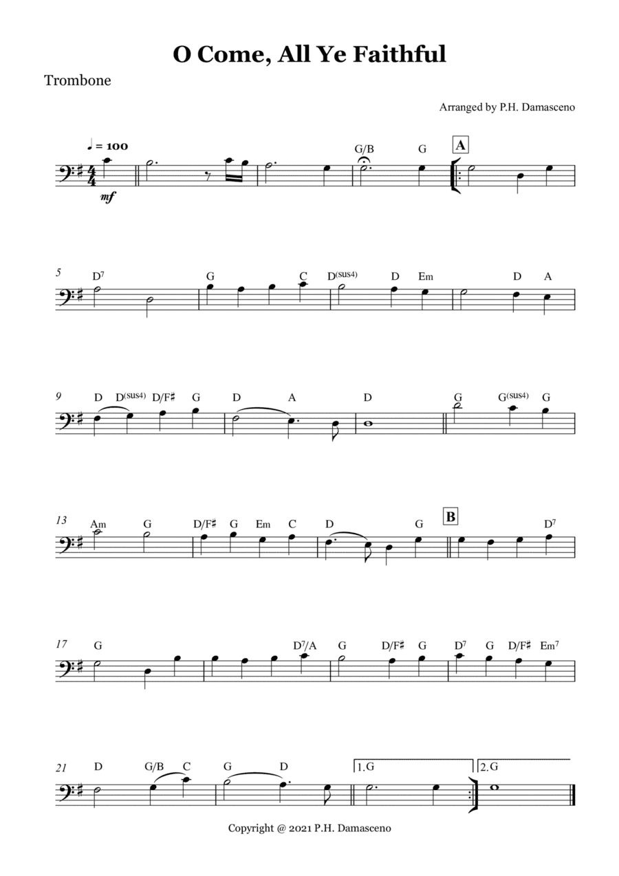 O Come, All Ye Faithful - Trombone Solo with Chords (arr. P.H. Damasceno)