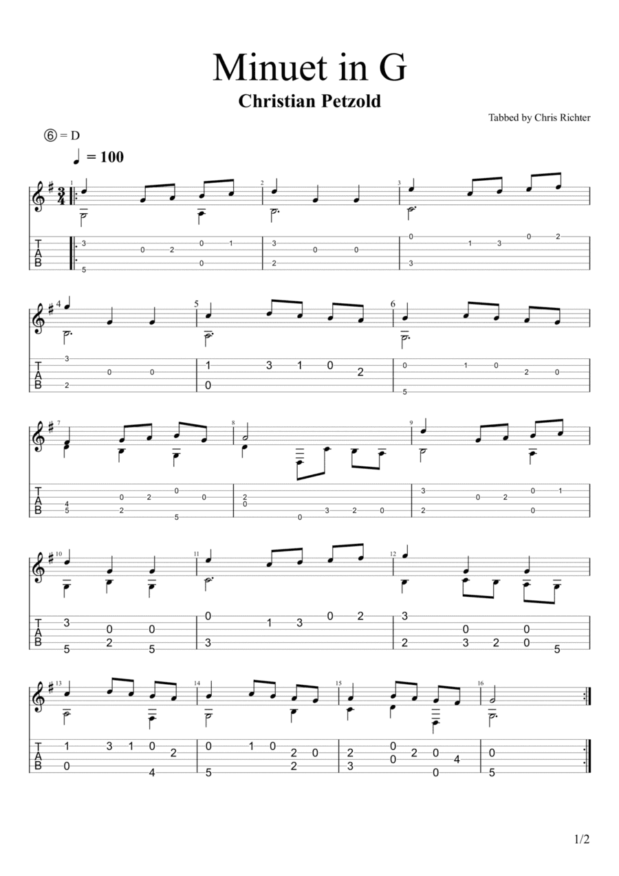 Minuet in G from the Notebook for Anna Magdalena Bach (Solo Fingerstyle Guitar Tab) (arr. Chris Richter)
