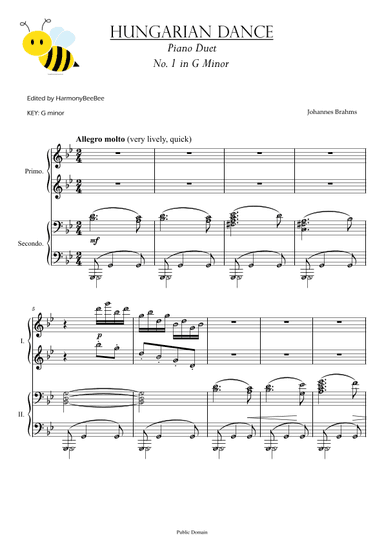 Hungarian Dance No. 1 in G Minor Piano Duet by Brahms (arr. HarmonyBeeBee)
