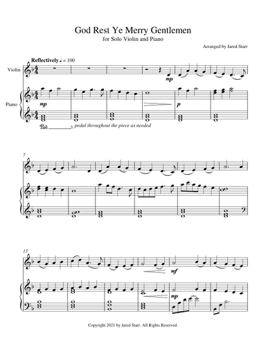 God Rest Ye Merry Gentlemen for Violin and Piano (arr. Jared Starr)