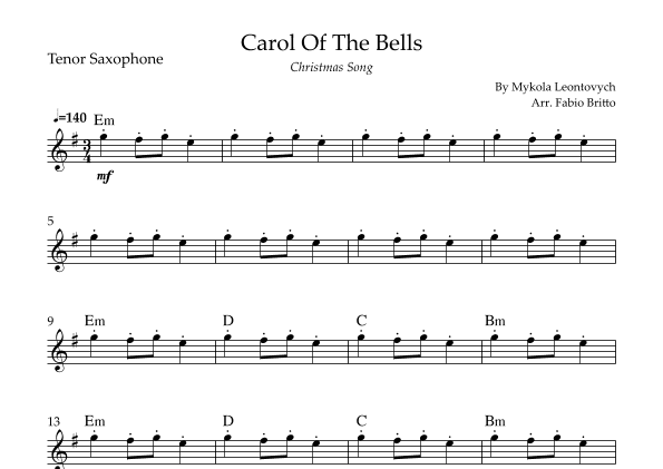 Carol Of The Bells (Christmas Song) for Tenor Saxophone Solo with Chords (arr. Fabio Britto)