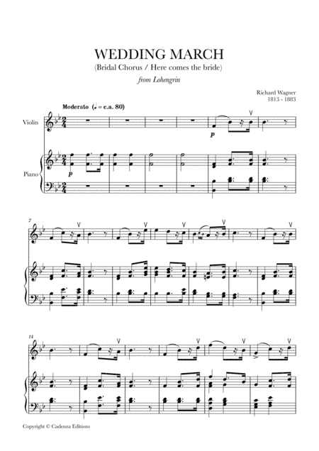 Wedding March (Bridal Chorus - Here comes the Bride) for Violin and Piano (arr. Cadenza Editions)