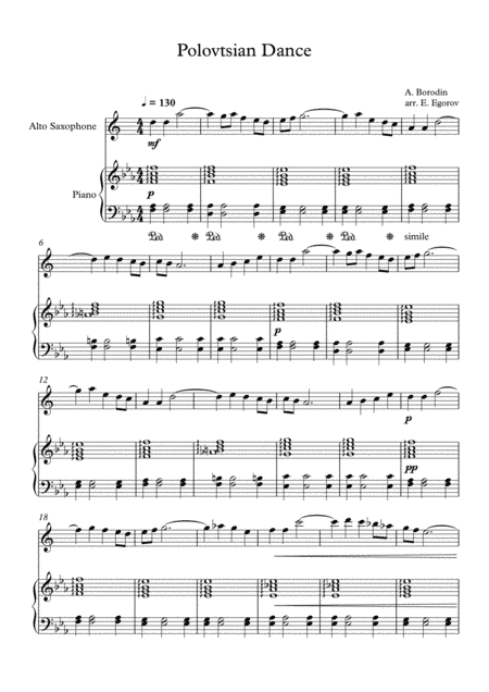 Polovtsian Dance, Alexander Borodin, For Alto Saxophone & Piano (arr. Eugene Egorov)