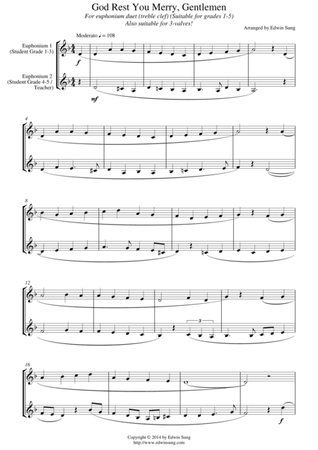 God Rest You Merry, Gentlemen (for euphonium duet (treble clef, 3 or 4 valved), suitable for grades (arr. Edwin Sung)