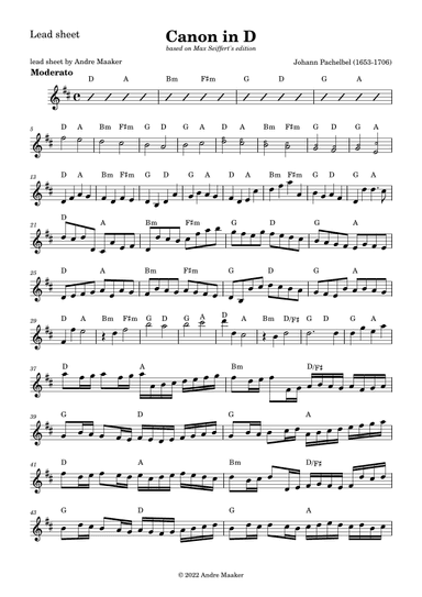 Johann Pachelbel - Canon in D - lead sheet (arr. Andre Maaker)