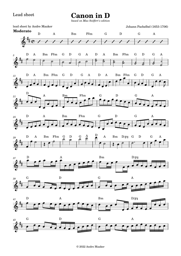 Johann Pachelbel - Canon in D - lead sheet (arr. Andre Maaker)