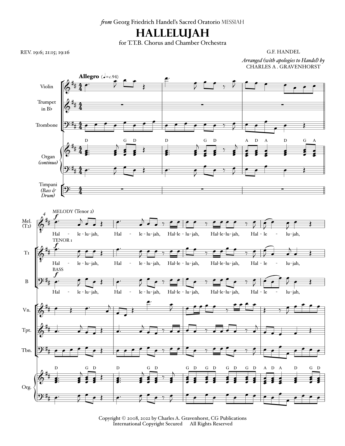 Hallelujah (from “MESSIAH”) for Men’s Chorus (TTB) – FULL SCORE (arr. Charles A. Gravenhorst)